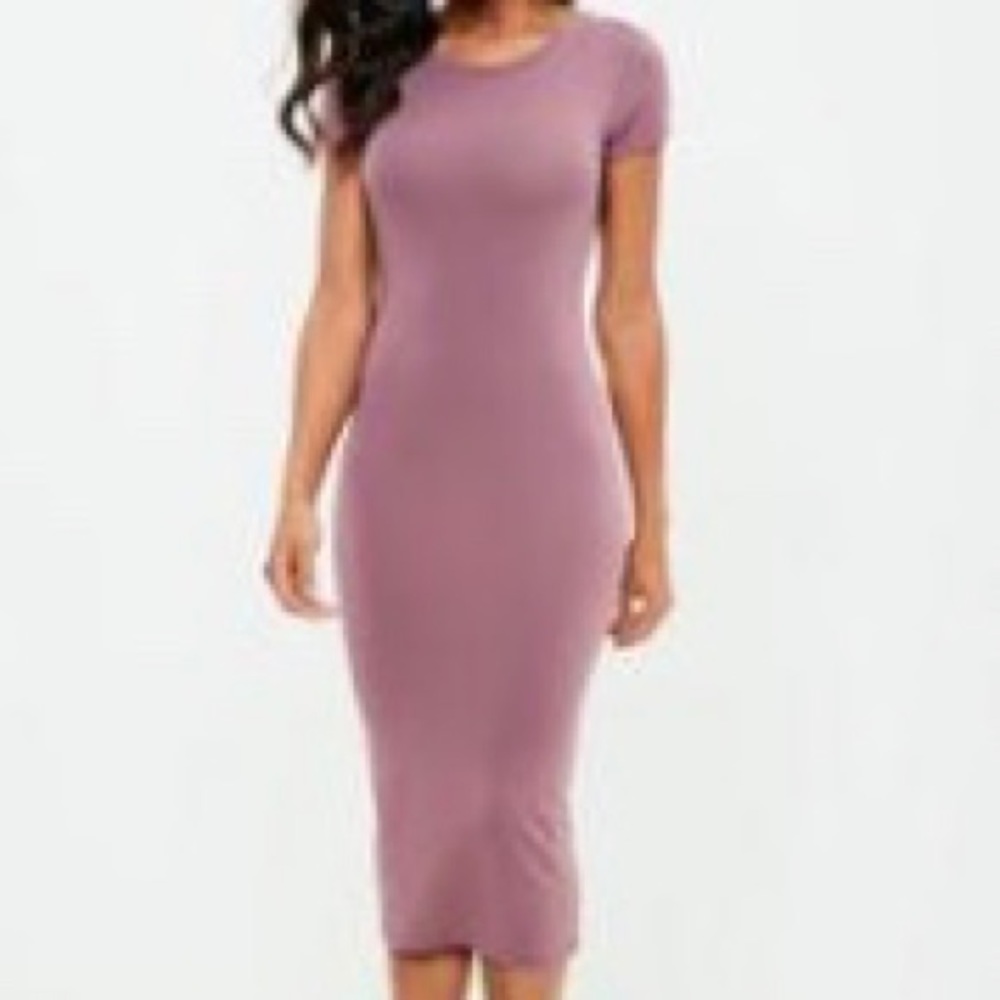 mauve short sleeve crew neck midi dress